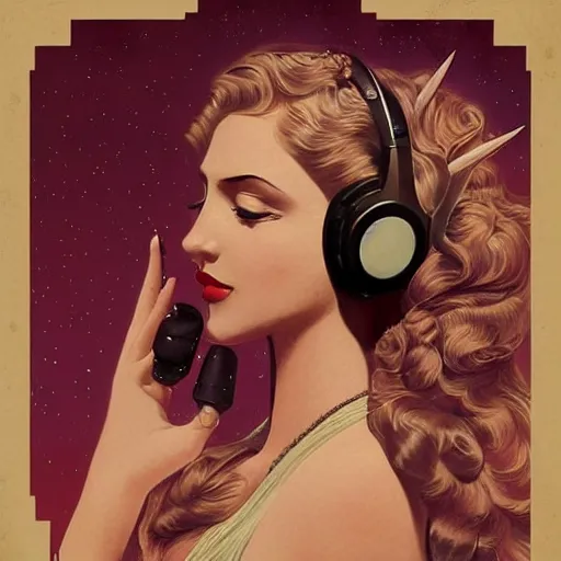 Prompt: intricate, amazing, art deco, retro vintage and romanticism, painting by bryen frost, soft color palette, highly detailed, godess with headphones from space sci - fi of ancient religion