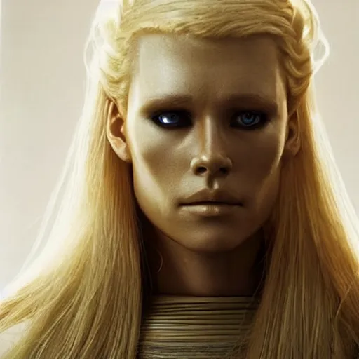 Image similar to very pretty blond borg queen on a borg ship, perfect face, symmetrical face, moody lighting, shallow depth of field,