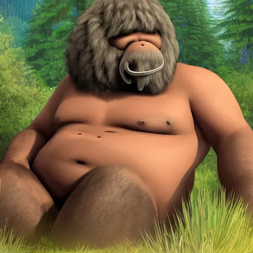 Image similar to big sir is a bigfoot / elephant hybrid monster lounging in an idyllic hot spring