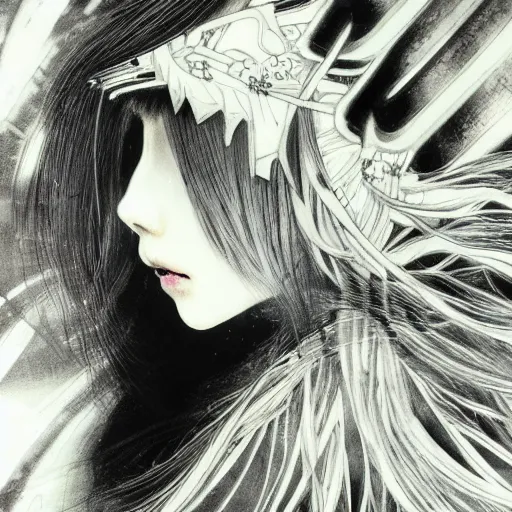 Image similar to yoshitaka amano blurred and dreamy illustration of an anime girl with black eyes, wavy white hair fluttering in the wind wearing elden ring armor and engraving, abstract black and white patterns on the background, noisy film grain effect, highly detailed, renaissance oil painting, weird portrait angle, blurred lost edges, three quarter view