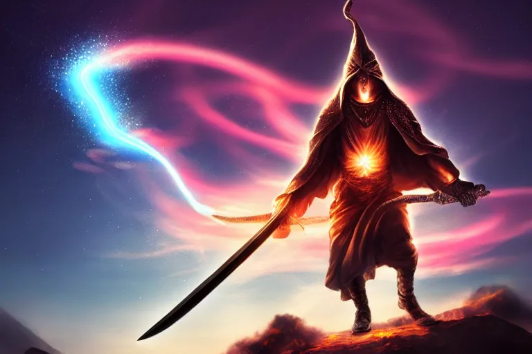 Image similar to levitating wizard wielding a sword, opening a shining portal, night sky, horizon of an erupting volcano, trending on artstation