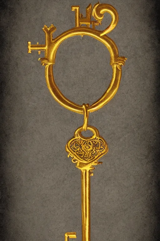 Prompt: medium shot, golden key, fantasy illustration, medieval era, blank background, studio lighting, hand - drawn digital art, 4 k, trending on artstation