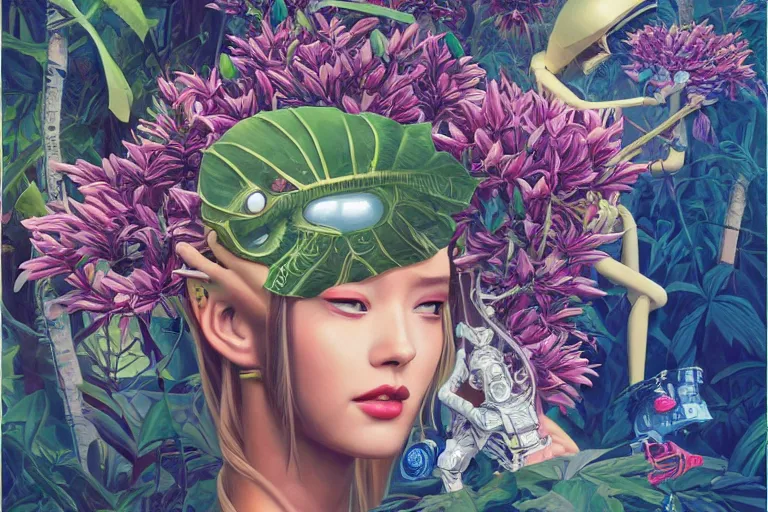Image similar to evangelionic illustration, gigantic girl head, a lot of exotic vegetation, trees, tremendous pleasure robot, flowers, oldschool vintage sci - fi flat surreal design, super - detailed, oil painting by unji ito, tristan eaton, victo ngai, artgerm, rhads, ross draws,, hd, 4 k, high quality