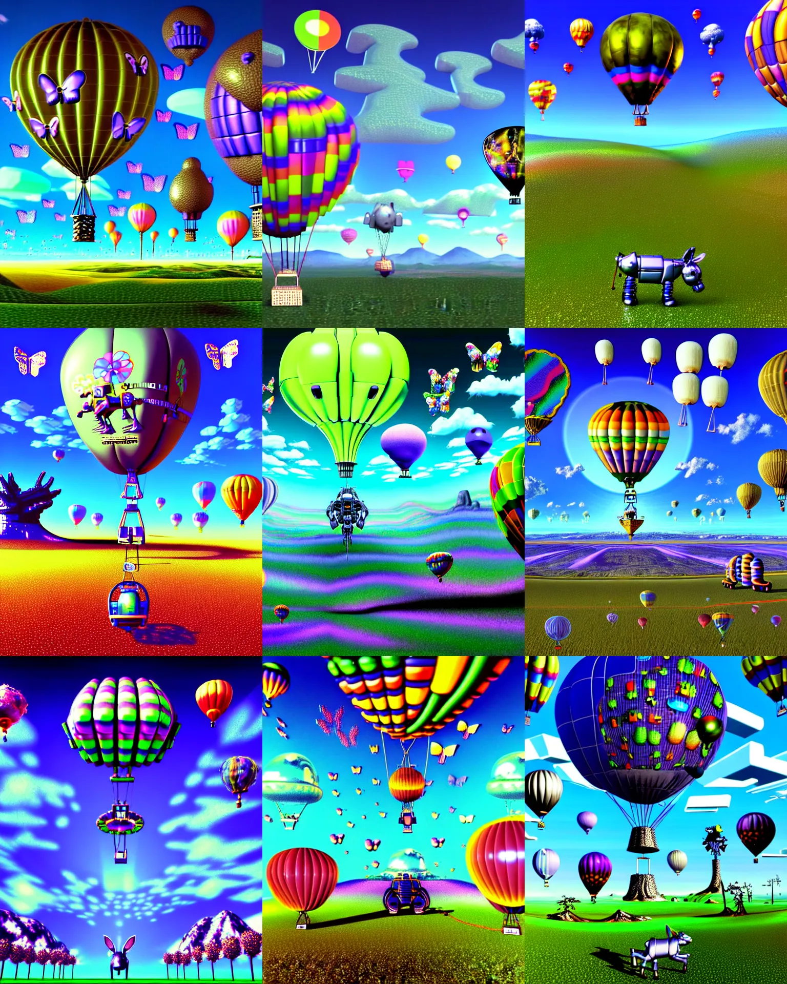 Prompt: 3 d render of cybernetic landscape with cyborg balloon donkey with angel wings and hot air balloons against a psychedelic surreal background with 3 d butterflies and 3 d flowers n the style of 1 9 9 0's cg graphics, lsd dream emulator psx, 3 d rendered y 2 k aesthetic by ichiro tanida, 3 do magazine, wide shot