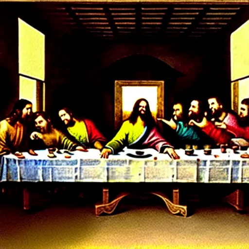 Image similar to the vampires from the show What we do in the shadows in the painting of the last supper by Leonard Da Vinci , photograph, ultrarealistic