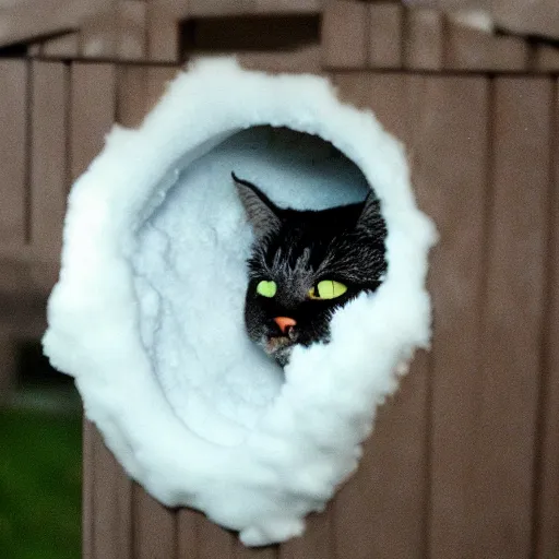 Image similar to cute!!! cat peeking its head out an igloo, 33mm, close up photo