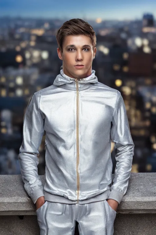 Image similar to un ultra high definition studio quality photographic art portrait of a young man standing on the rooftop of a british apartment building wearing soft padded silver pearlescent clothing. three point light. extremely detailed. golden ratio, ray tracing, volumetric light, shallow depth of field. set dressed.