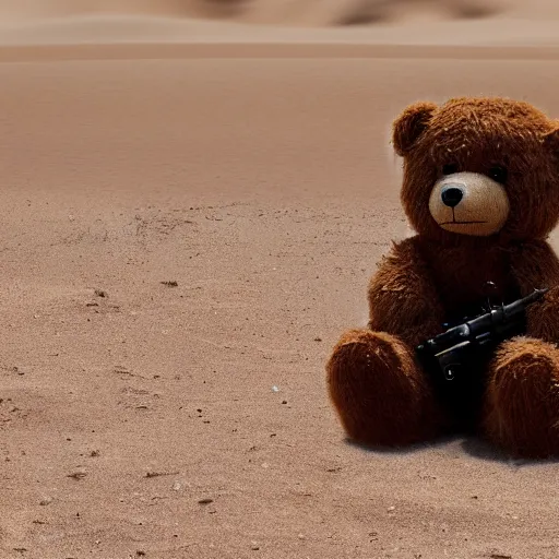 Image similar to cinematic shot of a teddy bear hip - firing a minigun in the desert, 8 k, depth of field, very intricate, very detailed,