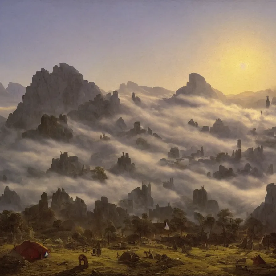 Image similar to village above the clouds, sharp pointy mountains, wooden platforms, tents, colors, misty clouds, sun at dawn, brutalism, painting by caspar david friedrich