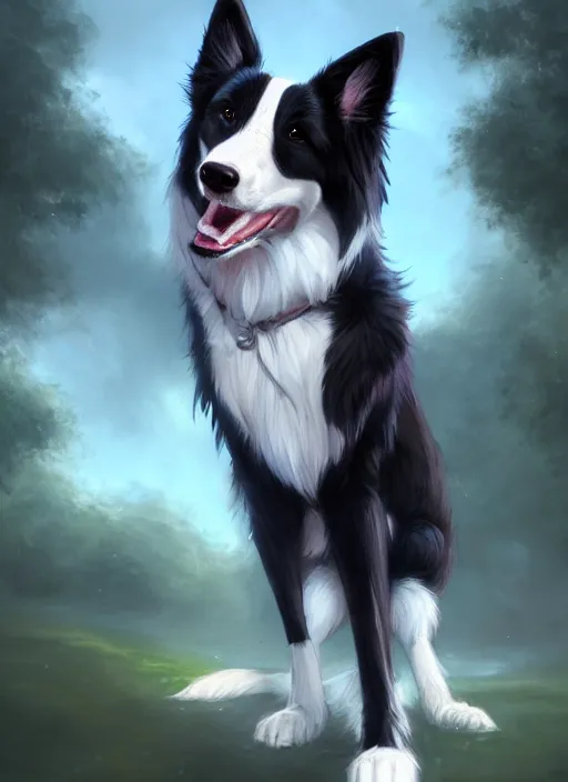 Prompt: wide angle full body portrait of a cute male anthropomorphic border collie fursona wearing a jacket in front of a park, character design by charlie bowater, henry asencio, and ross tran, furry art, furaffinity, scenic background, intricate, elegant, beautiful, fantasy, glamor pose, detailed, trending on artstation