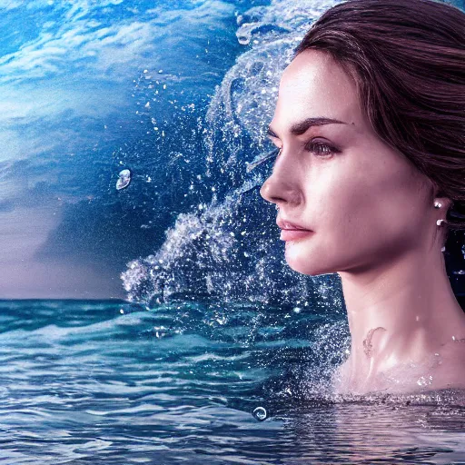 Prompt: water artwork manipulation in the shape of a human head, on the ocean water, beautiful woman, ray tracing, realistic water sharp focus, long shot, 8 k resolution, cinematic, surreal water art