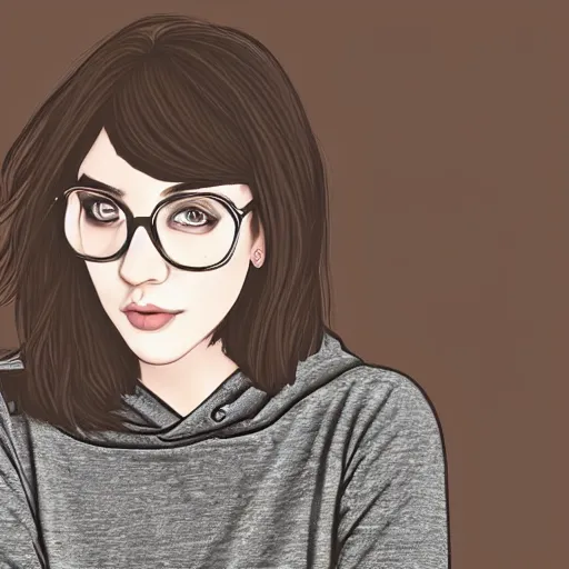 Prompt: portrait of a teenage girl with bangs, brown hair and bangs, round silver glasses with thin rims, wearing a gray hoodie with black sleeves, digital art, elegant pose, detailed illustration with thick lineart