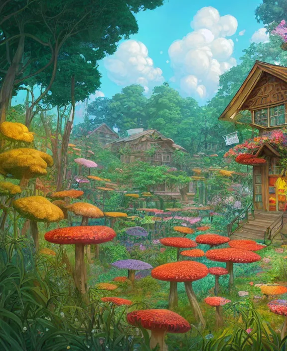 Image similar to a simple, whimsical school made from flowers, overgrown with huge exotic fungus, deep in the woods, cheerful, partly cloudy, by dan mumford, yusuke murata, makoto shinkai, ross tran, dreamy, cinematic, unreal engine, cel shaded, featured on artstation, pixiv