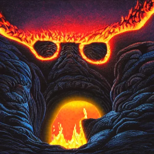 Image similar to head of kirby emerges from a lava lake, cave background, high detail, lava reflections, burning, dramatic shot