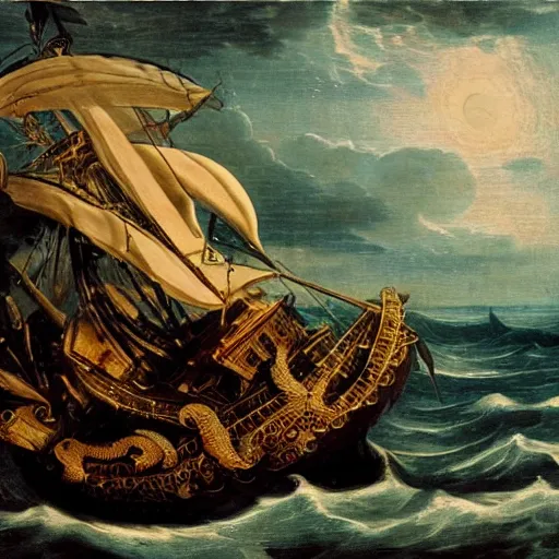 Image similar to kraken attacking a pirate ship in the ocean, renaissance oil painting, 8 k, highly ornate intricate details, extreme detail,