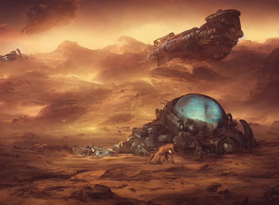 Image similar to gigantic dieselpunk space ship crash landed on desert planet by peter mohrbacher, firefly, unreal engine 5, extreme detail, hyper realism, realistic shading, cinematic composition, realistic render, octane render, detailed textures, photorealistic, colorful, raytracing