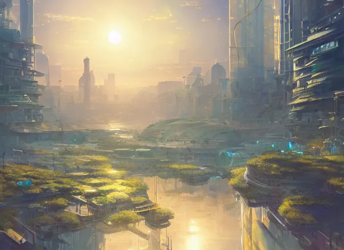 Image similar to concept art of a utopian solarpunk city, key visual, ambient lighting, highly detailed, digital painting, artstation, concept art, sharp focus, by makoto shinkai and akihiko yoshida and hidari and wlop