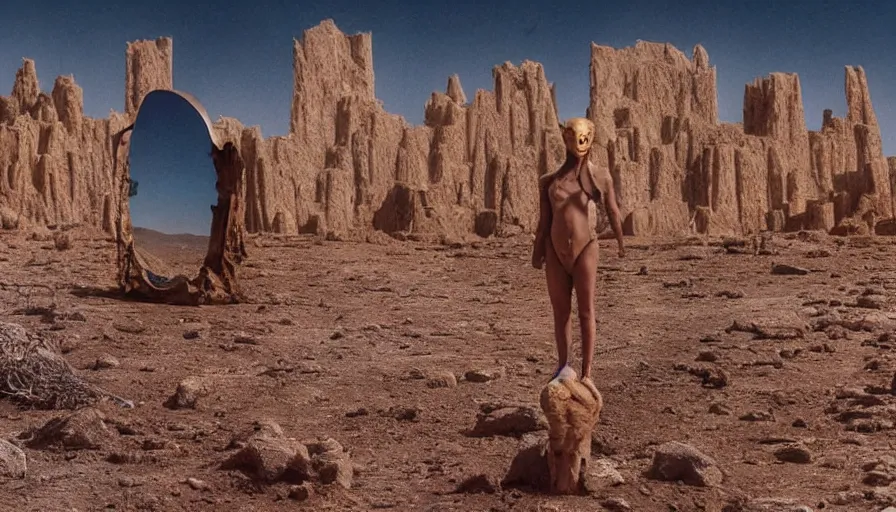 Image similar to levitating bene gesserit with full - face glowing golden mask in a dry rocky desert landscape, ultradetailed alien ruins designed by giger, giant abandoned alien city by alejandro jodorowsky, anamorphic lens, kodakchrome, practical effects, masterpiece, 8 k