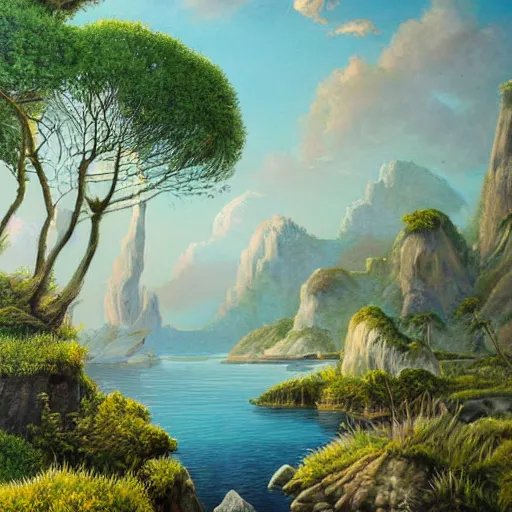 Image similar to detailed painting of a lush natural scene on an alien planet by stephen wong. beautiful landscape. weird vegetation. cliffs and water.