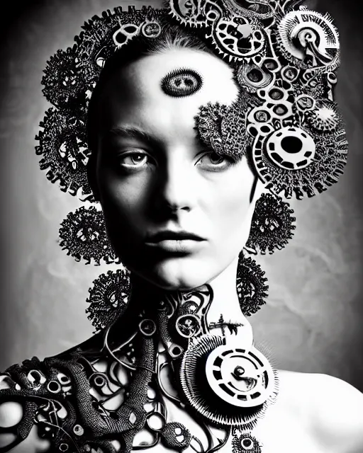 Image similar to surreal black and white photo portrait of complex bio-mechanical beautiful young female vegetal-cyborg with a Mandelbrot fractal steampunk metal fine lace face, curled silver hair and a fine metal floral foliage super big lace collar by Alexander McQueen:: high fashion, haute couture, rococo, steampunk, silver filigree details, anatomical, facial muscles, cable wires, microchip, elegant, hyper realistic, 150 mm lens, soft rim light, octane render, unreal engine, volumetric lighting, 8k,