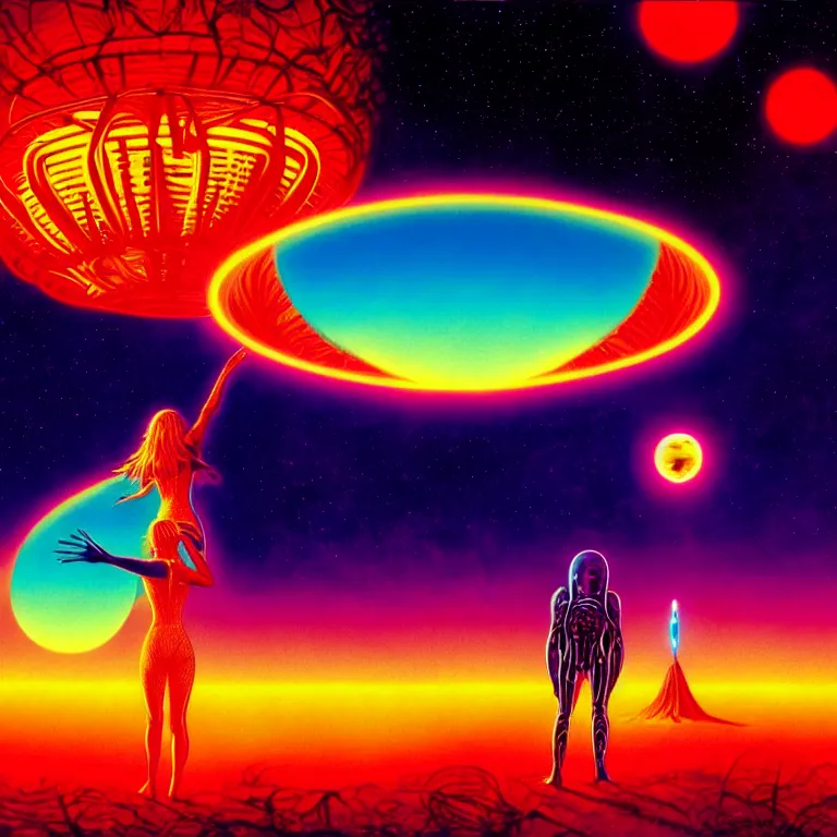 Image similar to spooky ufo hovers over female silhouette, ( ( synthwave ) ) ( ( fractal waves ) ), bright neon colors, highly detailed, cinematic, tim white, roger dean, michael whelan, caza, bob eggleton, philippe druillet, vladimir kush, kubrick, alfred kelsner, vallejo