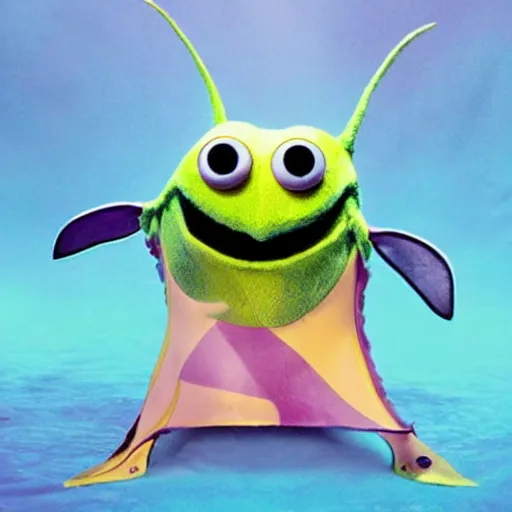 Prompt: an adorable shy nervous manta ray muppet, in the style of the muppets, it is a manta ray character with manta ray arms, designed by spongebob the musical on broadway, real, photograph, cinematic