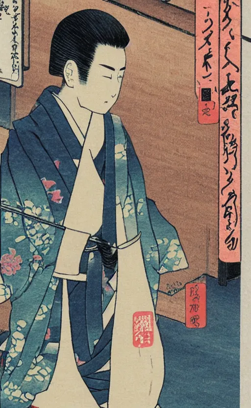 Image similar to by akio watanabe, manga art, male calligrapher walking in kyoto street, kimono, trading card front