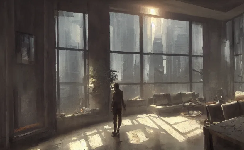 Prompt: a stylish apartment interior, high tech, marble statue, plants, painting by Craig Mullins, warm moody lighting, wide angle lens, low level view, in the style of blade runner, trending on artstation, 8k,