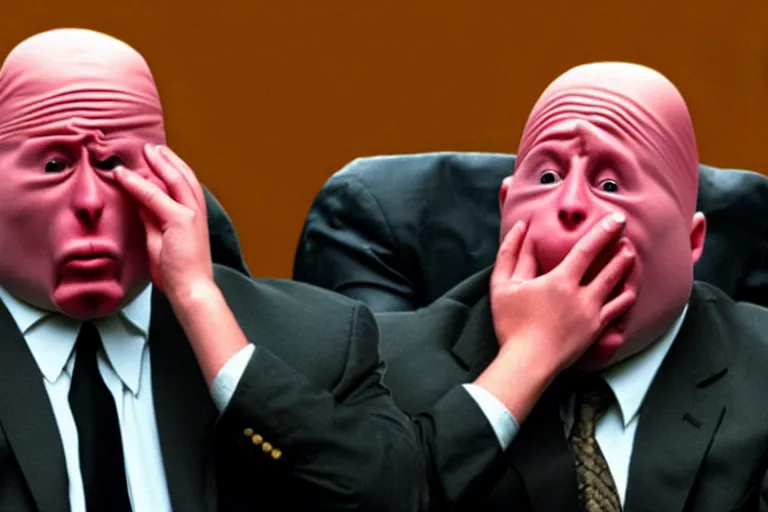 Image similar to crying coneheads testifying in court, detailed facial expressions