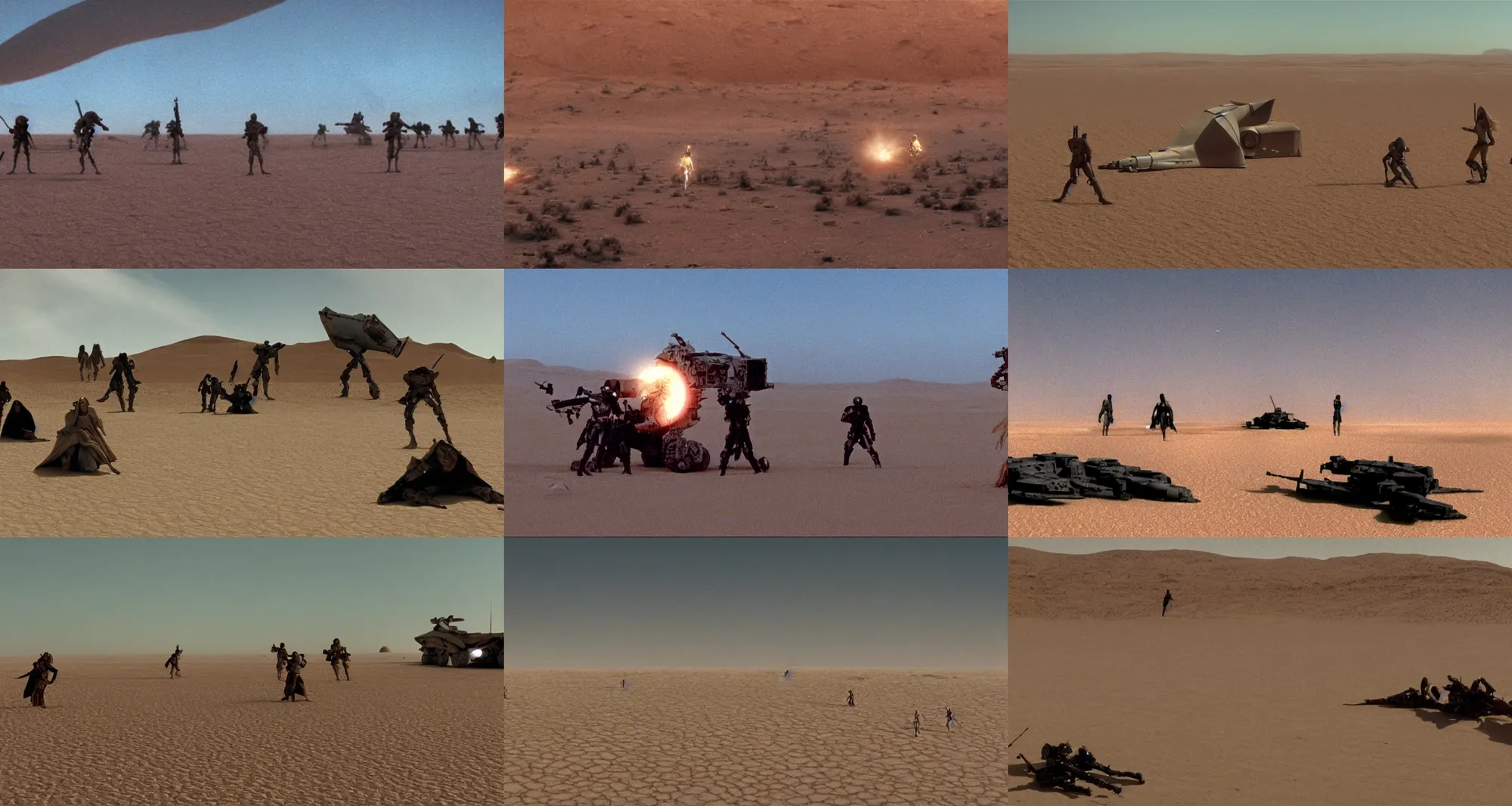 Prompt: the long - shot of battle scene between bene gesserit women and harkonnens in the desert near the abandoned buildings in night arrakis desert, spaceship exploding, laser guns, film still from the movie by alejandro jodorowsky with cinematogrophy of christopher doyle and art direction by hans giger, anamorphic lens, kodakchrome, 8 k,