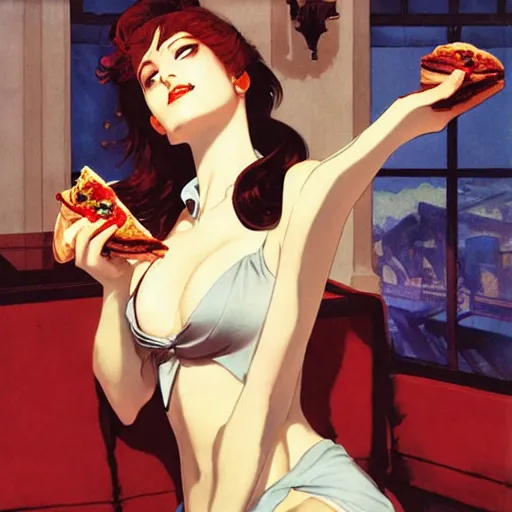 Image similar to attractive female vampire eating a pizza in a bright lounge by y j. c. leyendecker, yoji shinkawa, katayama bokuyo