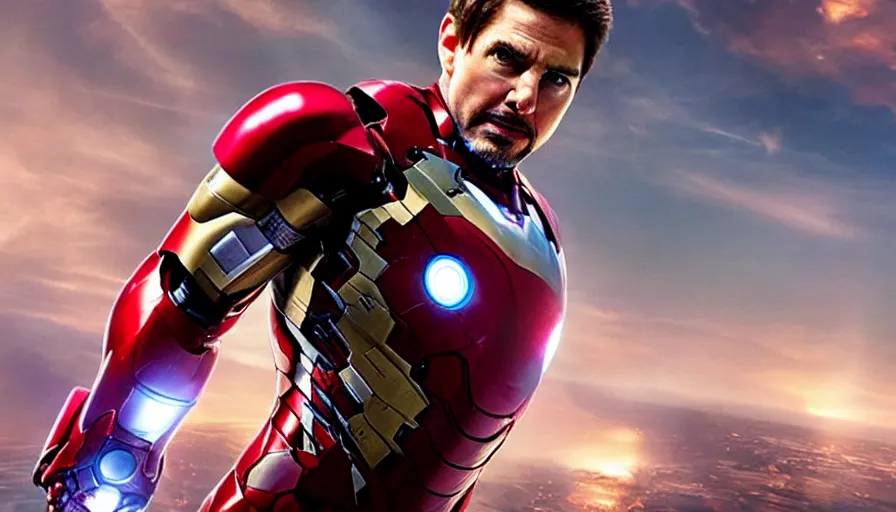 Image similar to Tom Cruise as Iron Man in the MCU, cinematic lighting, close-up, cinematography