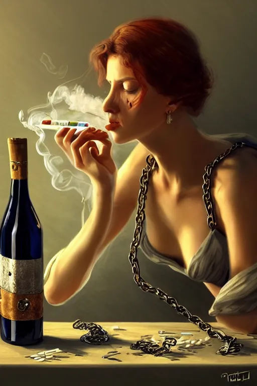 Prompt: beutifull and very tired womanlooking pile smoking a winebottle, drugs, cigarrette boxes at the table, fantasy, intricate, elegant, highly detailed, digital painting, artstation, concept art, addiction, chains, smooth, sharp focus, illustration, art by Ilja Repin