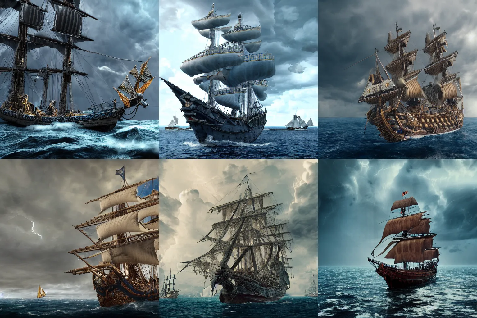 Prompt: Conquistador Spanish Galleon sailing on calm seas, epic dark towering thunderclouds in the background, intricate details, intricate textures, blue tint, realistc octane render, hyper realistic render, volumetric shading, depth of field, soft lighting, 8k