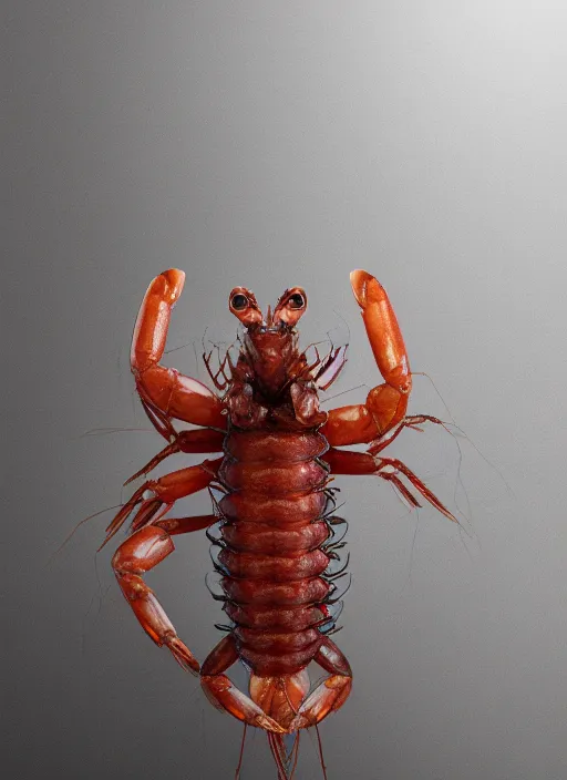 Prompt: a men who suddenly became a giant shrimp, photorealistic, canon r 3, high fashion photography, elegant, luxury and elite, symmetry, octane render, unreal engine, solid dark grey background, dramatic lights