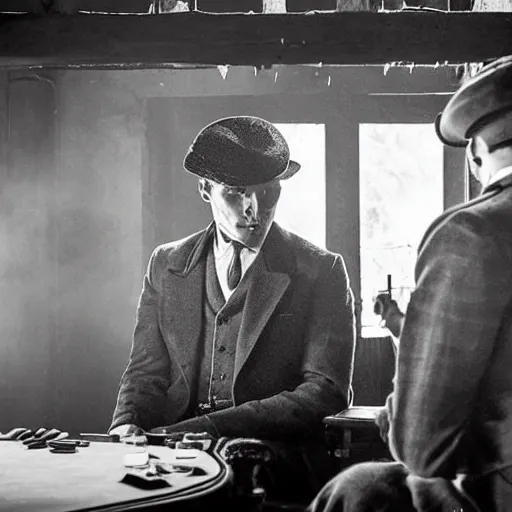 Image similar to a scene from peaky blinders, medium long shot, 3 / 4 shot, full body picture of cillian murphy and tom hardy, sharp eyes, serious expressions, detailed and symmetric faces, black and white, playing poker in an abandoned hut, epic photo by talented photographer ansel adams