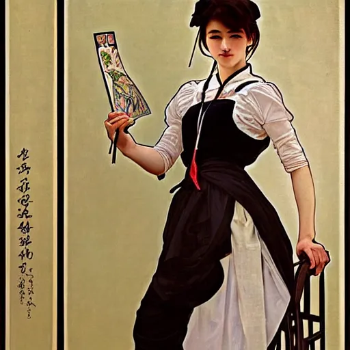 Image similar to full body painting of grumpy handsome thin beautiful young man in his 2 0 s named min - jun in a modest french female maid outfit, modern clothing, elegant, clear, painting, stylized, sharp facial features, pouty, highly detailed, art, art by alphonse mucha