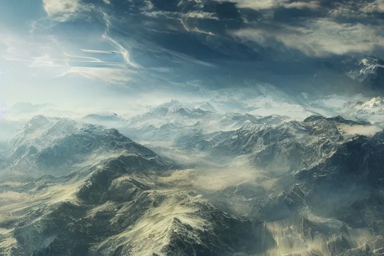 Image similar to a stunning aerial shot of beautiful mountains towering over a vast landscape, with a train from the 8 0 s tearing through the fabric of the universe, digital art, realistic, 4 k wallpaper