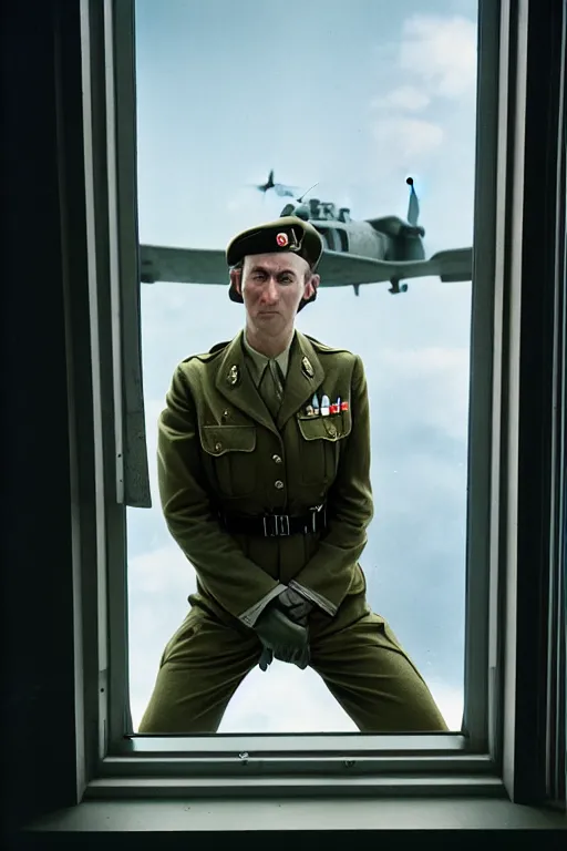 Image similar to kodak portra 5 0 mm f 4 full body portrait photography of a wwii airborne infantry soldier who's a mix of gillian anderson and adam driver, looking exhausted, setting is inside a sci fi megastructure tower looking out a window, photo by erwin olaf