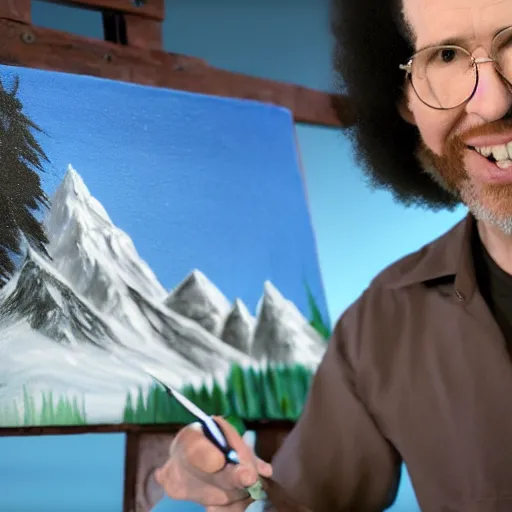 Image similar to a closeup photorealistic photograph of bob ross working on a canvas painting of marilyn manson. happy trees, mountain scape. film still. brightly lit scene. this 4 k hd image is trending on artstation, featured on behance, well - rendered, extra crisp, features intricate detail, epic composition and the style of unreal engine.