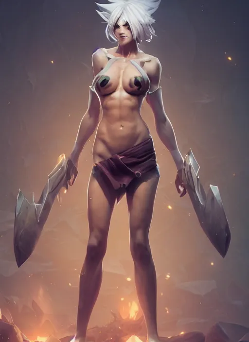 Prompt: riven from league of legends, with abs, au naturel, hyper detailed, digital art, trending in artstation, cinematic lighting, studio quality, smooth render, unreal engine 5 rendered, octane rendered, art style by klimt and nixeu and ian sprigger and wlop and krenz cushart