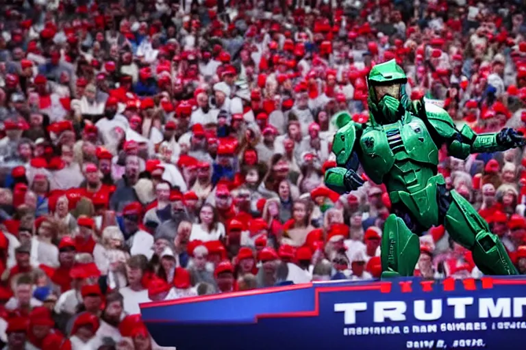 Prompt: diorama effect photo of master chief at a trump rally