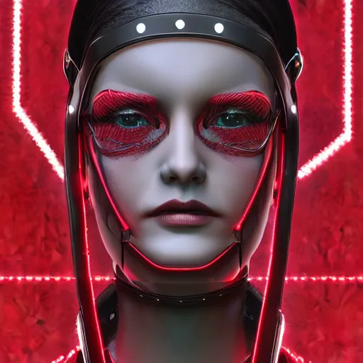 Prompt: realistic digital artwork of cyberpunk female wearing thick leather and steel collar, 4K, red highlights, symmetrical,