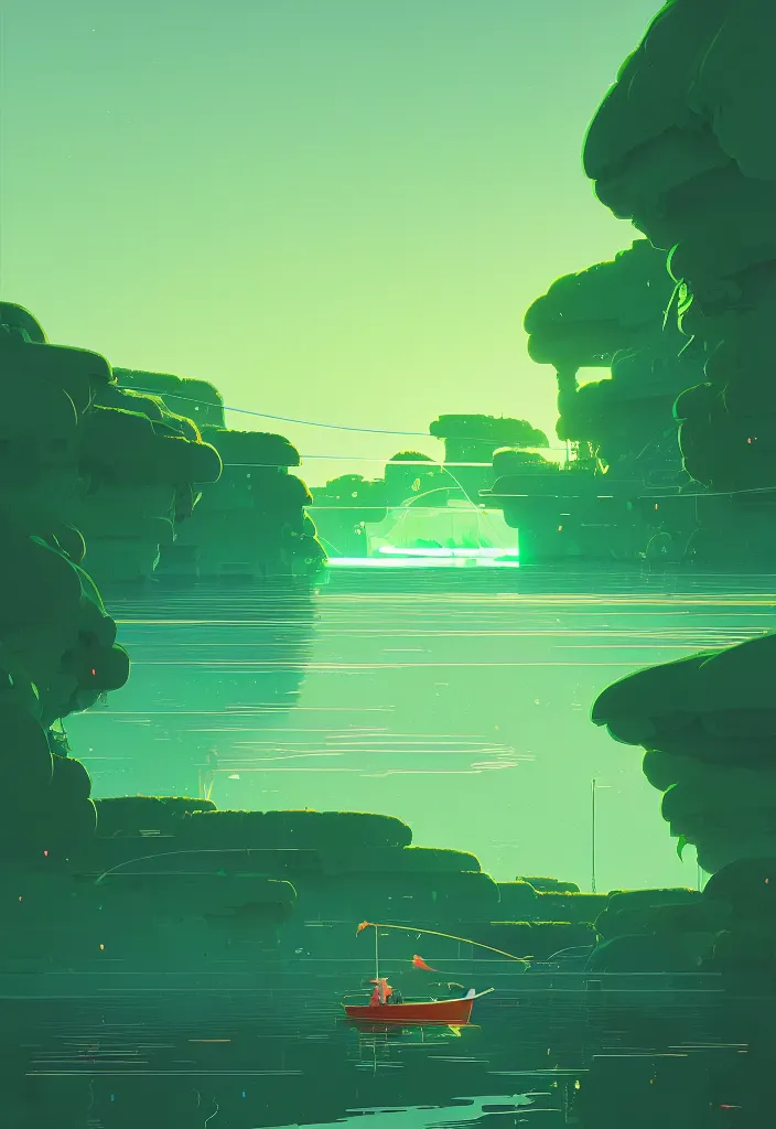 Image similar to by moebius and atey ghailan | a bright green river with clear crystal boats moving up and down it |