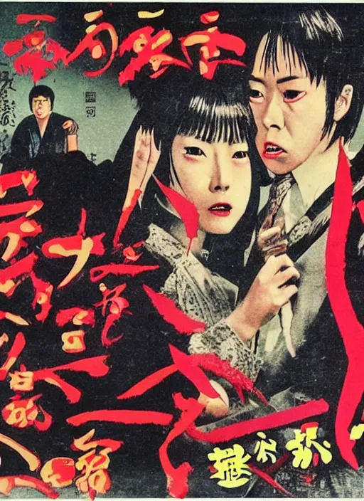 Prompt: vintage japanese movie poster with nightmarish monsters, from a 1 9 8 0 s japanese horror movie