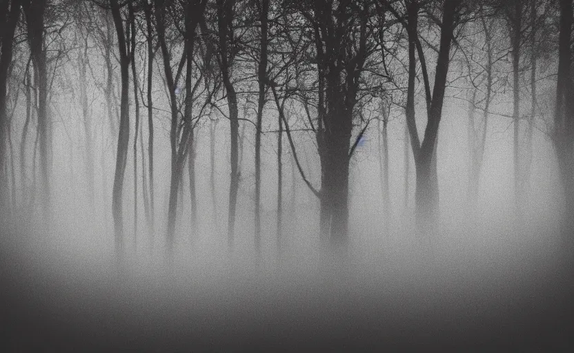 Prompt: black box by Andrei Tarkovsky, mist, forest, lomography effect, photo, monochrome, photo blurring, 35mm