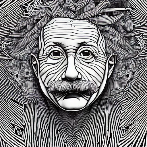 Image similar to Geometrically surreal Einstein, extremely high detail, photorealistic, intricate line drawings, dotart, album art in the style of James Jean