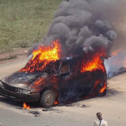 Image similar to movie still of a burning car from the series radebank,