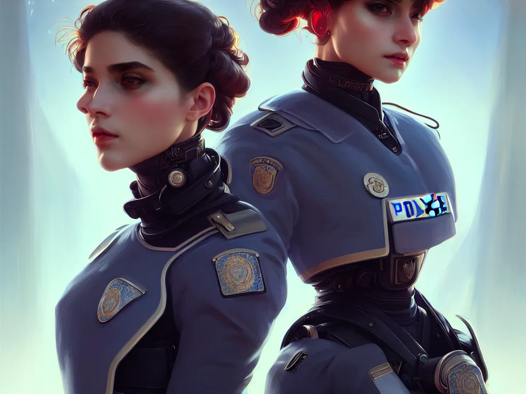 Image similar to portrait futuristic italy police uniform female, at future neon light rooftop, ssci - fi and fantasy, intricate and very very beautiful and elegant, highly detailed, digital painting, artstation, concept art, smooth and sharp focus, illustration, art by tan zi and ayanamikodon and alphonse mucha and wlop