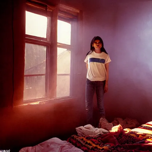 Image similar to masterpiece portrait of a photogenic cinegenic mexican teenager, chaotic teenage bedroom, bokeh, volumetric lighting, sunny day, heat haze, perfect framing, smoke, dramatic lighting, dust particles, interior shot, f2, anamorphic lens, great photographers, best photos of all times, 2004, by Annie Leibovitz, by Steve McCurry,